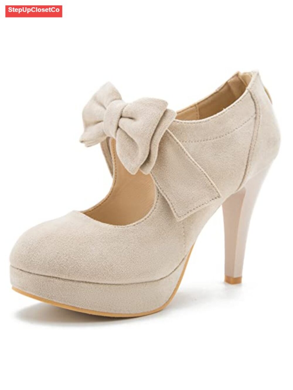 Women's Platform Mary Jane Pumps Heels Bow Stiletto Zipper Faux Suede
